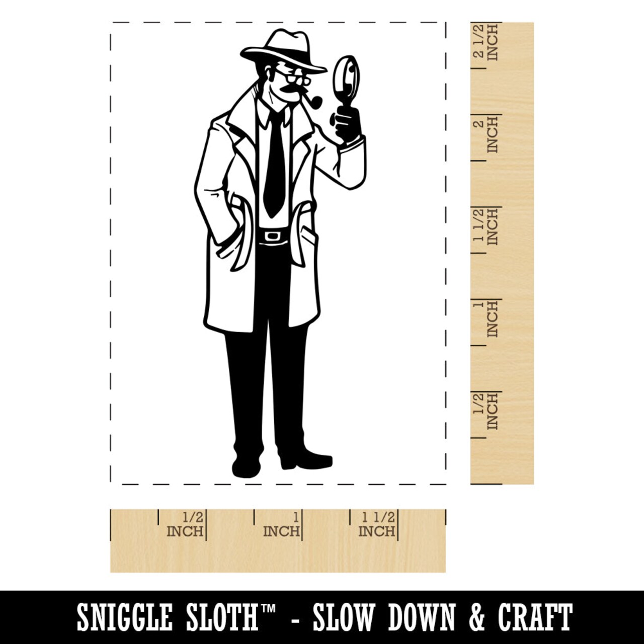 Detective Private Eye Inspector with Hourglass and Trench Coat Rectangle Rubber Stamp for Stamping Crafting